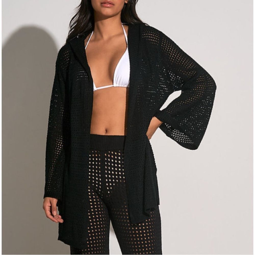 Elan Black Crotchet Hoodie Open Front Cardigan(Size Large)